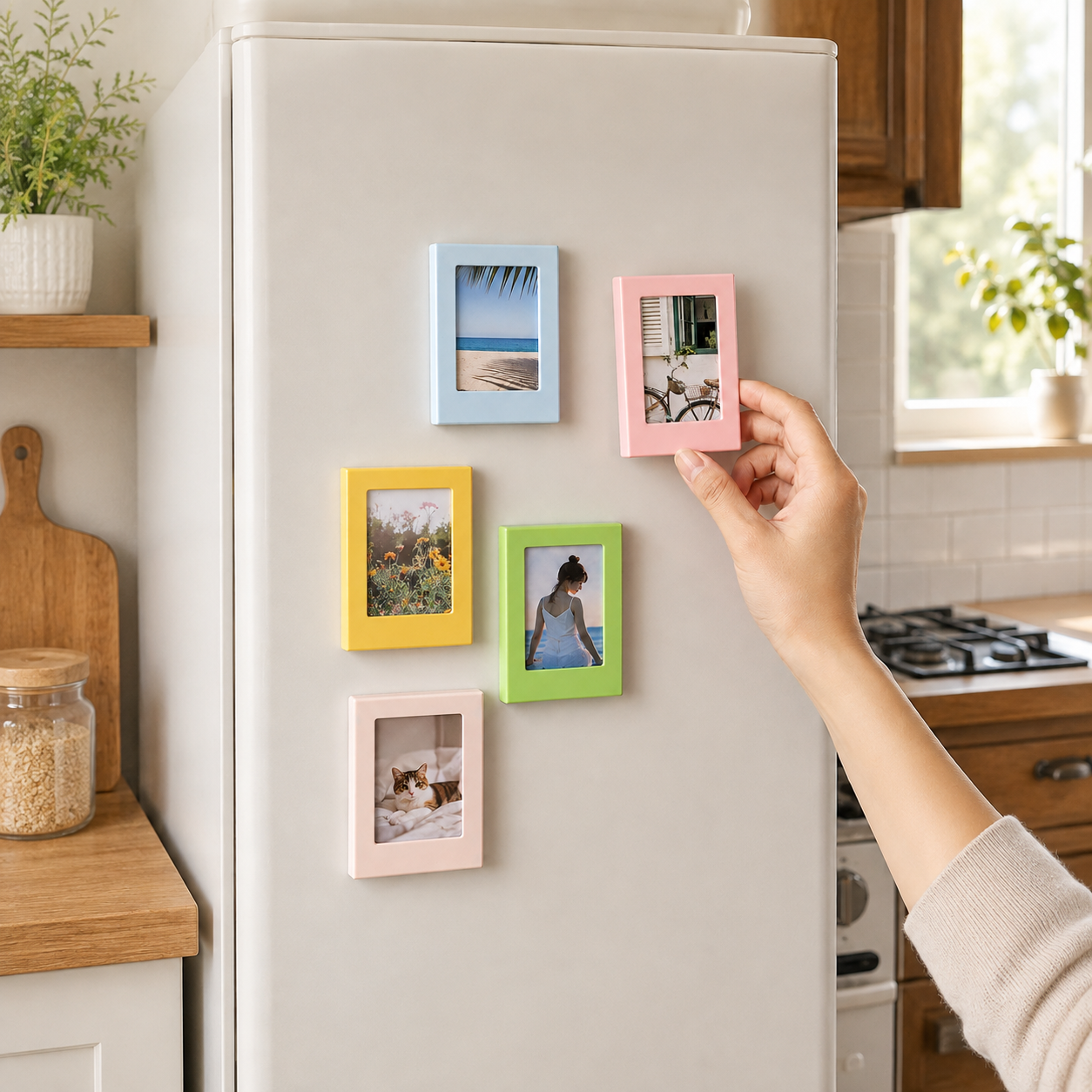 Colorful magnetic photo frames displayed on a refrigerator