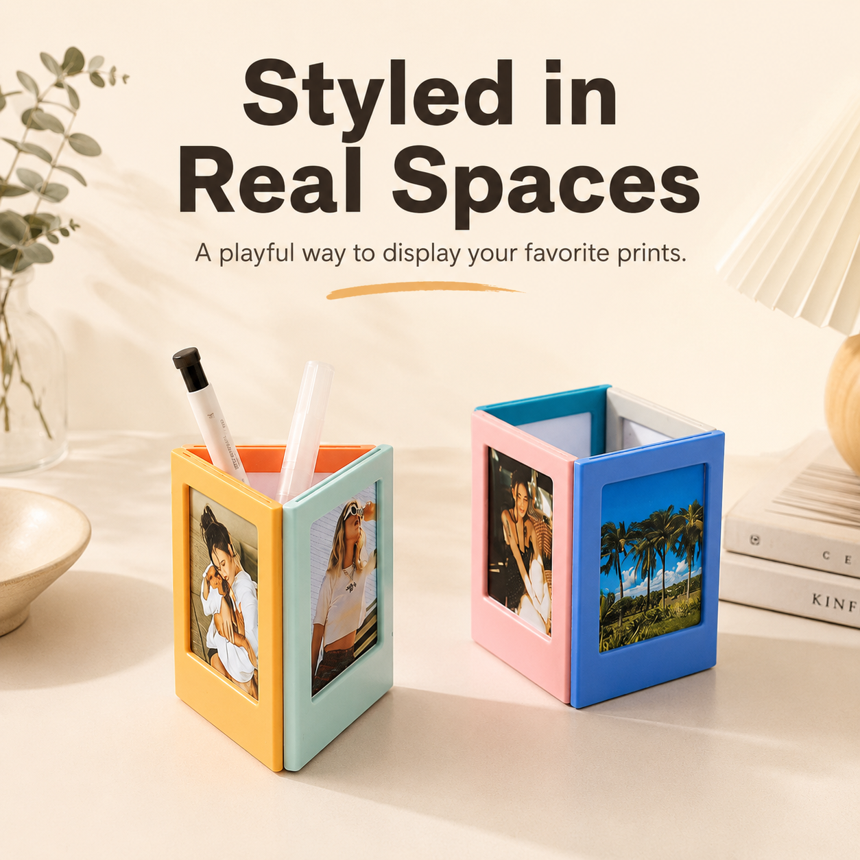 Colourful magnetic photo frames displayed in a home setting