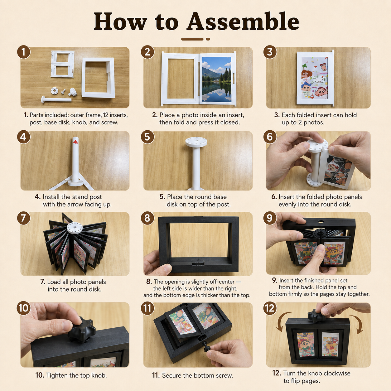 Mini flip photo display album assembly guide