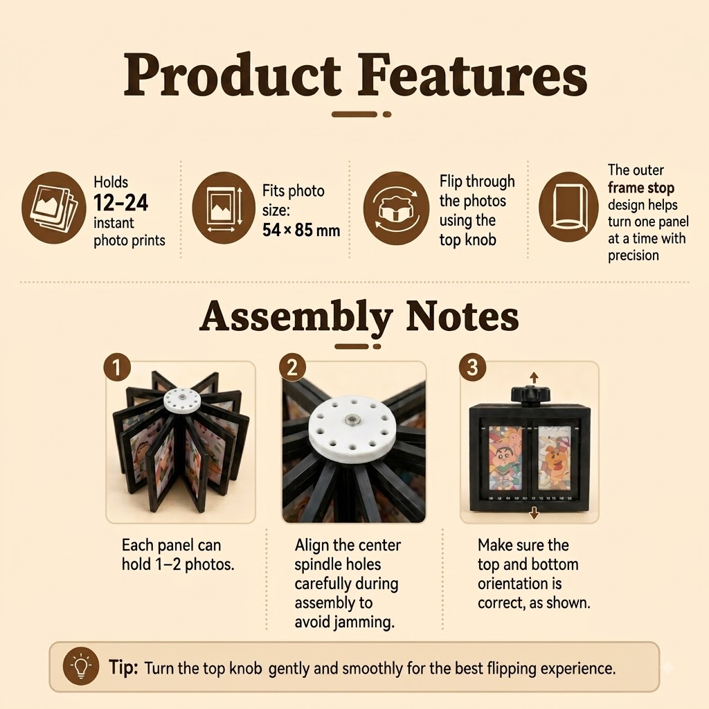 Mini flip photo display album features and assembly overview