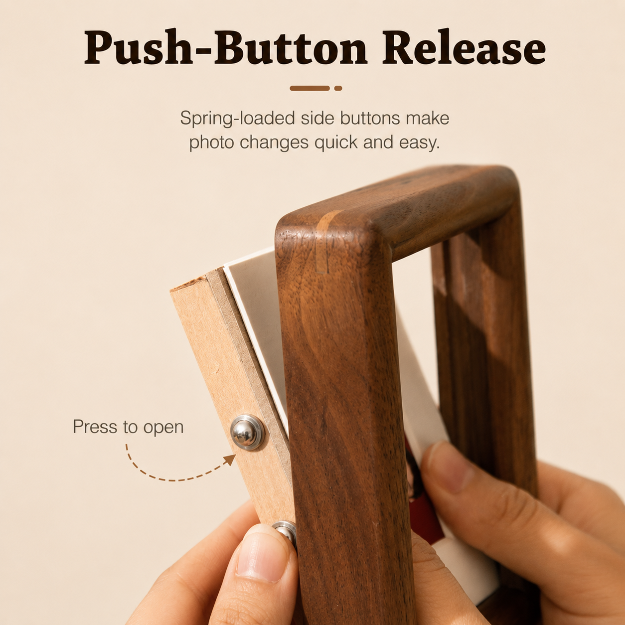Push-button release feature image for selected small magnetic frame variants