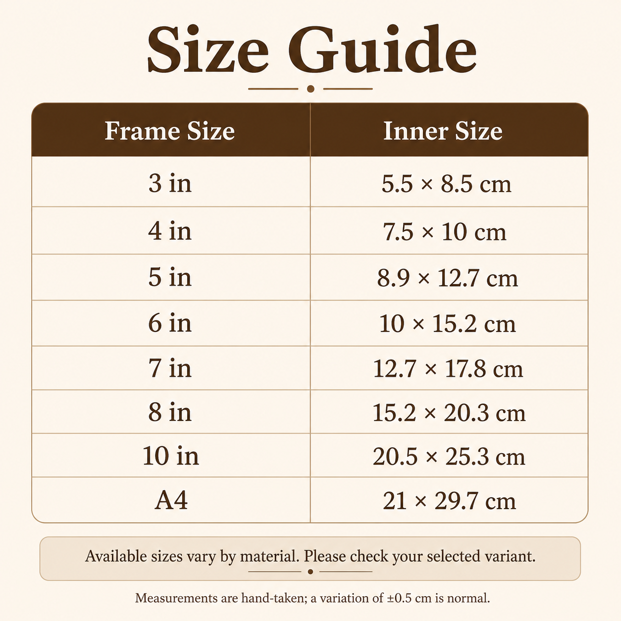 Wooden photo frame inner size guide